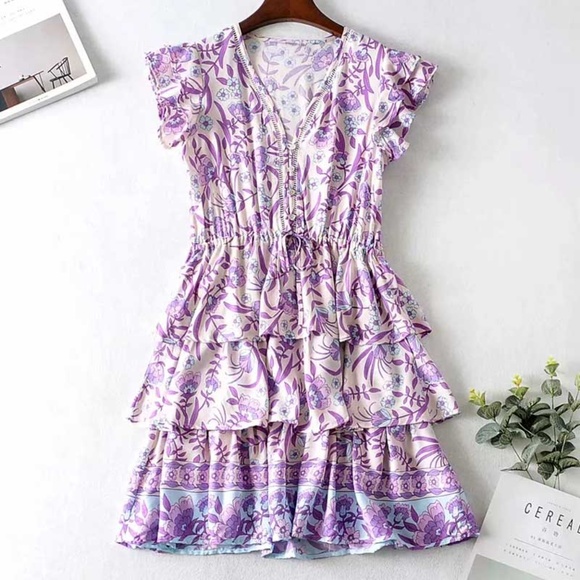 bohemian floral print v neck ruffle purple dress - Picture 10 of 16